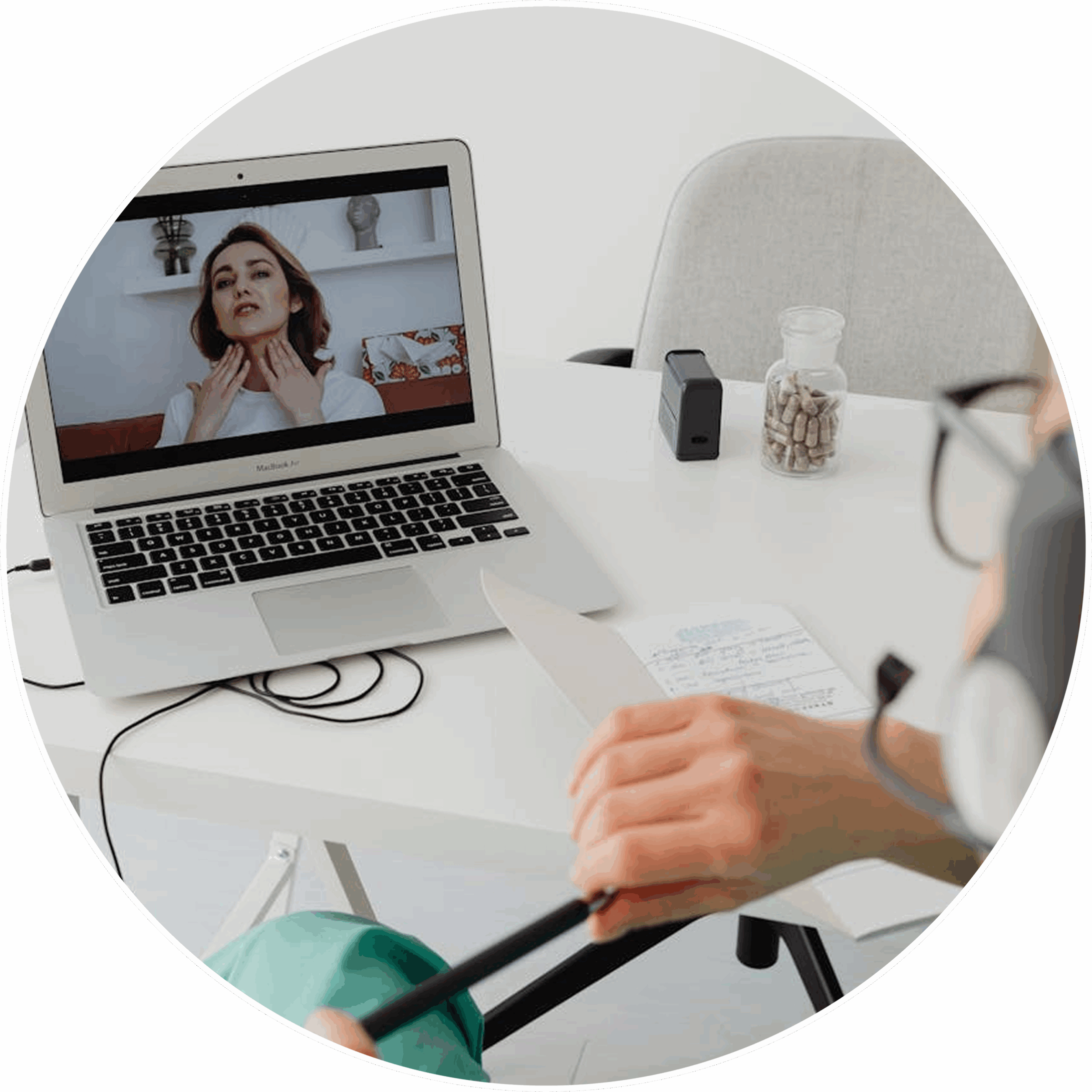 Telemedicine video consultation on laptop screen
